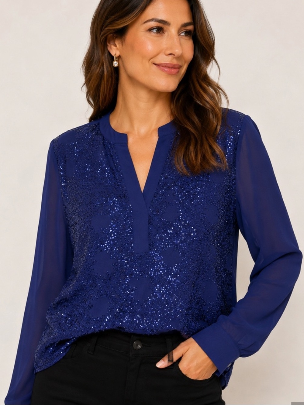 Chico’s Navy Blue Sequin Blouse Size 1 M Sheer Sleeve Holiday Party Top